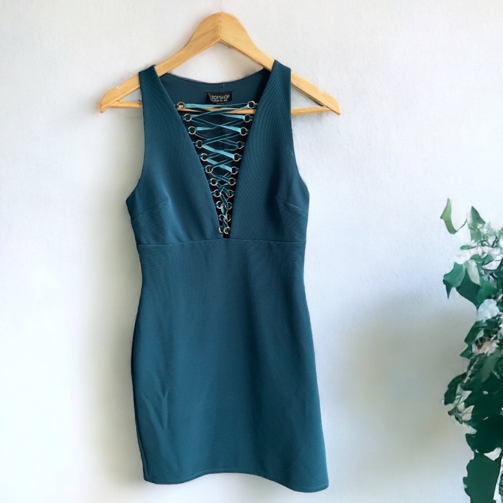 TopShop Old Money Blue BodyCon Dress W/ Deep V (6) - Picture 1 of 11